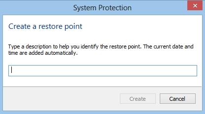 Finestra Crea un punto di ripristino per la protezione di sistema