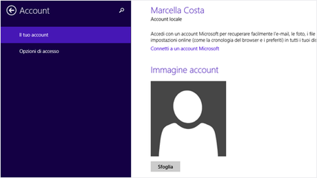 Schermata Il tuo account per un utente che ha usato un account locale per l'accesso