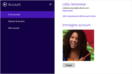 Schermata Il tuo account per un utente che ha usato un account Microsoft per l'accesso