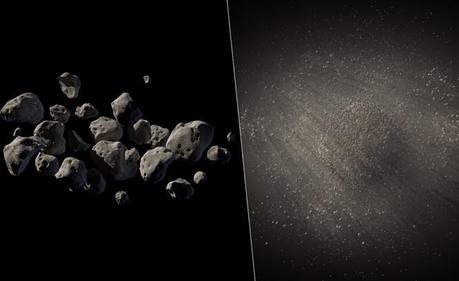 Due ipotesi di come potrebbe apparire realmente l’asteroide 2011 MD, piuttosto che una singola roccia. Crediti: NASA Jet Propulsion Laboratory