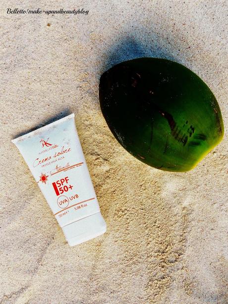 Alkemilla linea solare: Sun Cream hight protection SPF50+, latte doposole con Cocco-Monoi, bagnodoccia rinfrescante con estratti di Menta e olio al profumo di Monoi