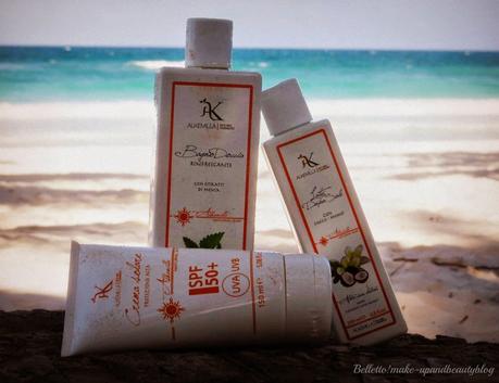 Alkemilla linea solare: Sun Cream hight protection SPF50+, latte doposole con Cocco-Monoi, bagnodoccia rinfrescante con estratti di Menta e olio al profumo di Monoi