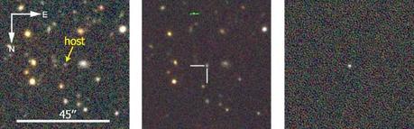 Prima (a sinistra) e dopo (al centro): sono le immagini della regione dove è stata scoperta la supernova superluminosa DES13S2cmm. Quella sulla destra è una sottrazione di queste due immagini: mostra un nuovo oggetto luminoso al centro - una supernova, appunto. Crediti: Dark Energy Survey 