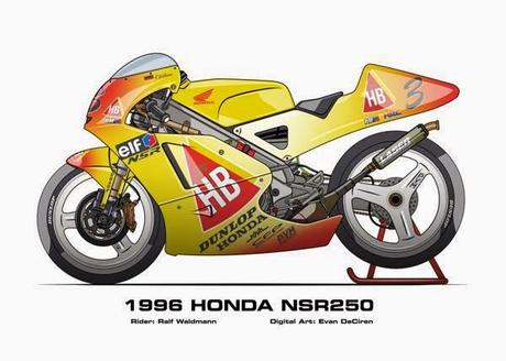 Motorcycle Art - Honda NSR 250 GP Ralf Waldmann 1996 by Evan DeCiren