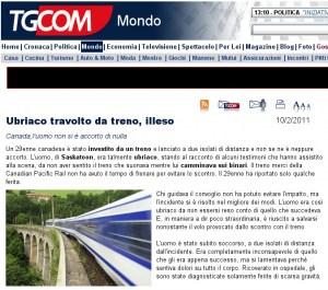 Ubriaco travolto da treno, illeso