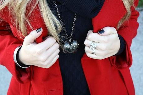 red coat & blu heeled shoes