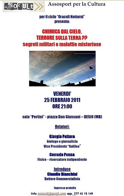 Venerdì 25 febbraio 2011, ore 21.00, conferenza sulle scie chimiche a Desio