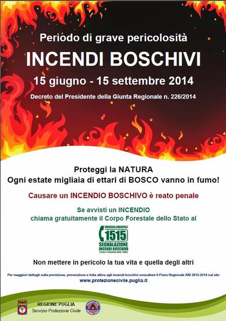 Non si può bruciare materiale agricolo e forestale dal 15 giugno al 15 settembre 2014 perché è stato dichiarato lo stato di grave pericolosità per gli incendi per tutte le aree boscate, cespugliate, arborate e a pascolo della Regione Puglia