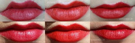 Viva Glam RiRi applicato senza base | sopra ad una matita arancio | sopra ad una matita rossa neutra.