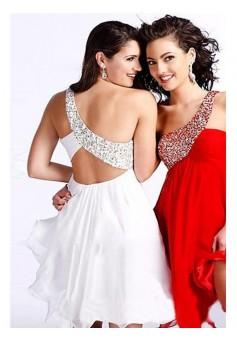 A-line One Shoulder Chiffon White Cocktail Dresses/Short Prom Dress With Beading #AUSA016019 