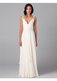A-line V-neck Chiffon White Long Prom Dresses/Evening Dress With Beading #AUSA0243360