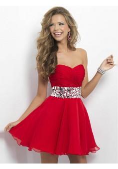 A-line Sweetheart Chiffon Red Cocktail Dresses/Short Prom Dress With Rhinestone #FD419