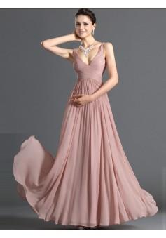 A-line V-neck Chiffon Pearl Pink Long Prom Dresses/Evening Dress With Ruffles #USALF290