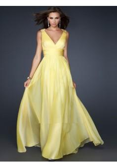 A-line V-neck Chiffon Daffodil Long Prom Dresses/Evening Dress With Beading #FA745