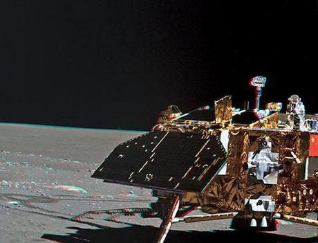 Chang'E 3 lander anaglyph by Yutu rover stereo color camera undated photo (mid-February)