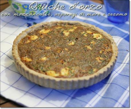 Quiche d’orzo con mazzancolle, asparagi di mare e sesamo – Barley quiche with king prawns, samphire and sesame