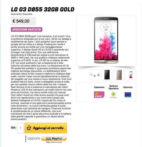 Schermata 2014 07 30 alle 21.38.13 LG G3 32GB disponibile a 549€ da GliStockisti smartphone  Metallic Black LG G3 32GB lg g3 lg Italia Gold glistockisti g3 Disponibile Black 32GB 