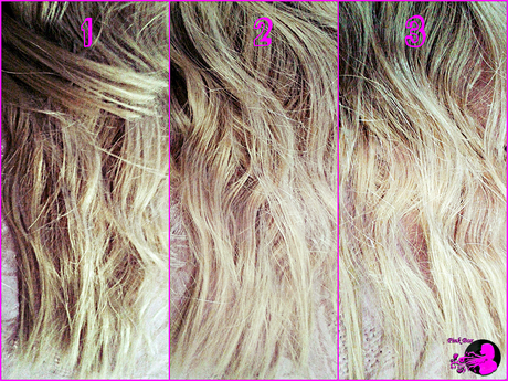 SUNKISS PRIMA E DOPO: La foto 1 mostra i miei capelli prima dell'applicazione di Sunkiss 02, le seconda mostra i risultati dopo la terza applicazione, la terza l'effetto finale al quarto utilizzo del prodotto.
