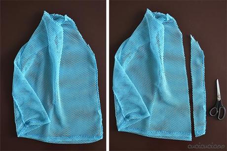 Tutorial: How to make DIY mesh drawstring bags for the beach or pool from old shirts