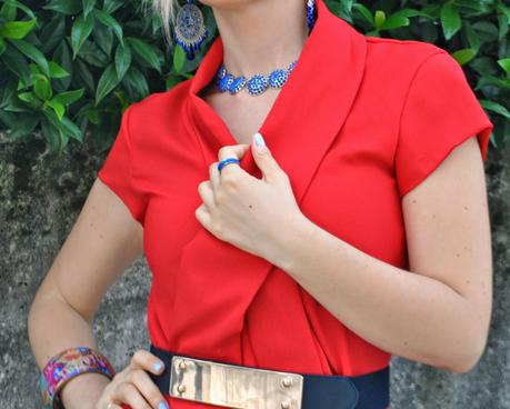 outfit abito rosso abito rosso con scollo a scialle cintura con placca rigida in metallo orecchini pietre blu collana pietre blu majique sandali con fascia in pelle alla caviglia fornarina borsa falabella stella mccartney outfit mariafelicia magno fashion blogger di colorblock by felym outfit agosto 2014 outfit estate 2014 outfit estivi red dress red rosso rouge fashion blogger italiane bionde smalto azzurro smalto giallo fashion bloggeer milano come abbinare un abito rosso abbinamenti abito rosso fblogger lookbook streetstyle #fblogger #lookbook #streetstyle bracciale desigual