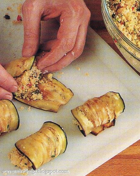 Involtini di melanzane con cuscus e gamberi