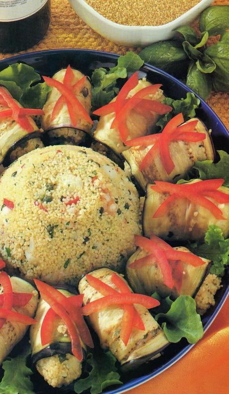 Involtini di melanzane con cuscus e gamberi