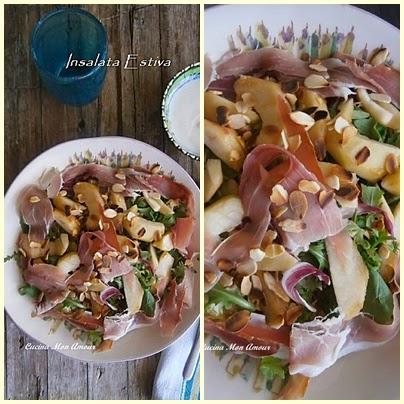 La Mia Insalata Estiva con Pesche Prosciutto e Scaglie di Mandorle e Salsa allo Yogurt