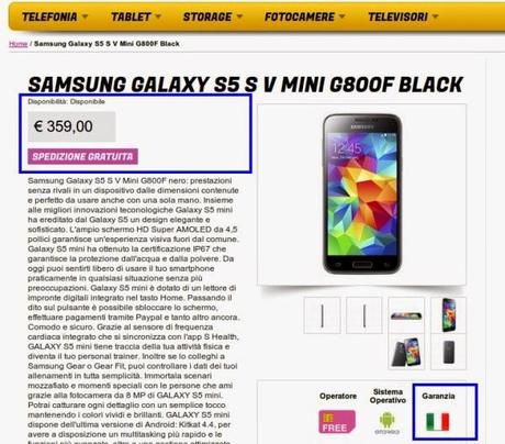 Promozione Samsung Galaxy S5 Mini Garanzia Italia disponibile ad un prezzo di 359 euro da Glistockisti.it