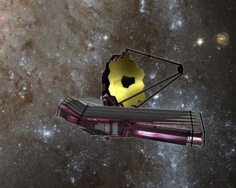 Rappresentazione artistica del JWST in configurazione operativa, con gli specchi dispiegati e il parasole in basso