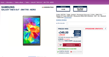 Promozione Samsung Galaxy Tab S 8.4 LTE disponibile a 349 euro da Unieuro e Mediaworld