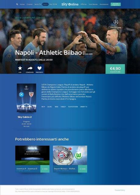 L'esordio del Napoli in diretta streaming Sky Online al prezzo di 4,90 €