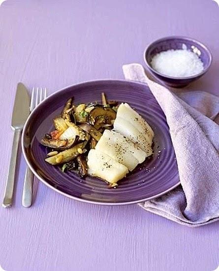 Halibut con melanzane e peperoni