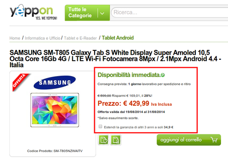 Promozione Samsung Galaxy Tab S 10.5 disponibile a soli 429 euro da Yeppon