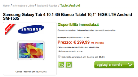 Promozione Samsung Galaxy Tab 4 10.1 4G disponibile a 299 euro da Yeppon