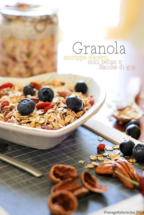 Granola allo sciroppo d'acero, noci pecan e bacche di goji