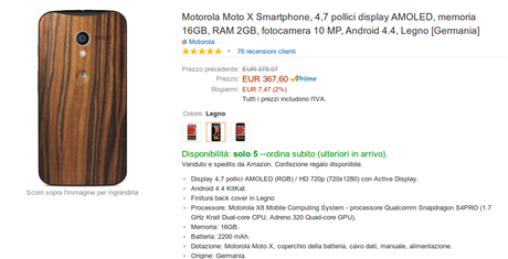 Motorola Moto X con cover in legno disponibile in Italia su Amazon a 367 euro