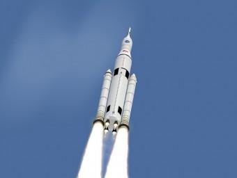 Lo Space Launch System in volo, rendering. Crediti: NASA / MSFC.
