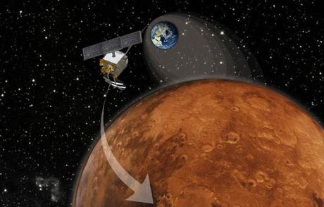 La sonda dell'ISRO Mars Orbiter Mission (MOM) è sempre più vicina al pianeta Marte: arriverà il prossimo 24 settembre. Crediti: ISRO