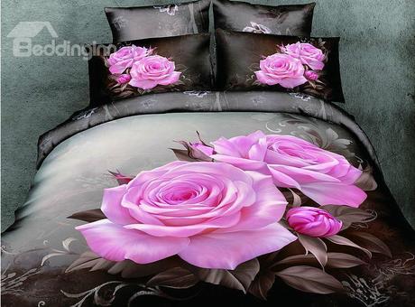 100% Cotton Lifelike Big Pink Roses Print 4 Piece Bedding Sets