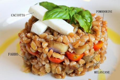 Insalata di Farro con Pomodorini Marinati al Balsamico, Melanzane e Caciotta