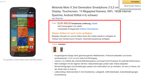 Motorola Moto X 2nd Generation Smartphone 5 2 Zoll Amazon.de Elektronik 600x323 Motorola Moto X e Moto 360 arrivano in preordine su Amazon Germania news  motorola moto x 2014 motorola moto 360 