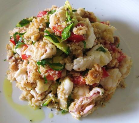 panzanella con calamari e rana pescatrice