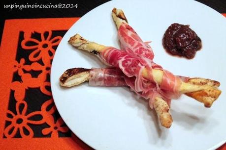 Treccine al cacao con pancetta coppata e mostarda di fichi e noci