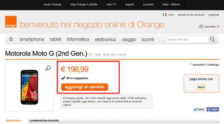 Motorola Moto G 2nd Gen. Orange Online Store Italia 600x335 Motorola Moto G 2014 già disponibile da Orange a 198 euro smartphone  moto g 2014 