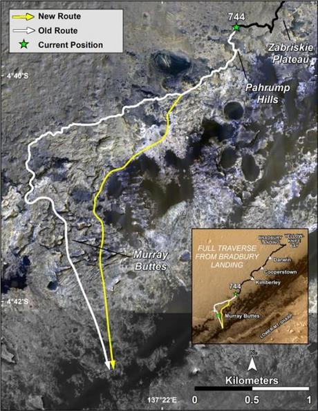 L'immagine di Immagini HiRISE sul MRO mostra la vecchia e la nuova traiettoria di Curiosity. (Crediti: NASA / JPL-Caltech / Univ of Arizona)