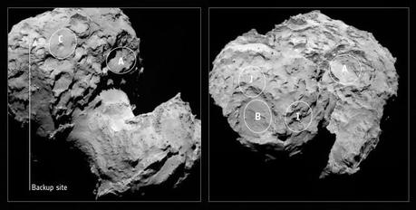 Sito proposto come backup per l'approdo del lander Philae sulla cometa 67P visto nel suo contesto. Credits: SA/Rosetta/MPS for OSIRIS Team MPS/UPD/LAM/IAA/SSO/INTA/UPM/DASP/IDA