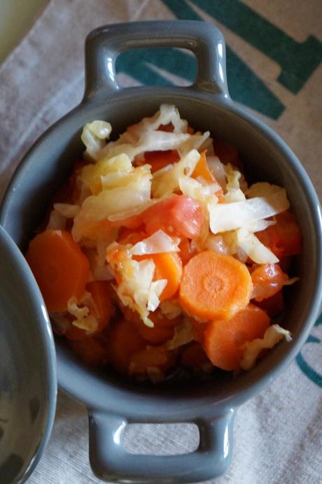 Verza e Carote in Agrodolce con Cubo di Riso Basmati, Bresaola e Tarassaco