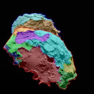 Le varie regioni individuate sulla superficie della cometa  67P/Churyumov-Gerasimenko che mostrano caratteristiche fisiche differenti. Crediti: ESA/Rosetta/MPS for OSIRIS Team/MPS/UPD/LAM/IAA/SSO/INTA/UPM/DASP/IDA