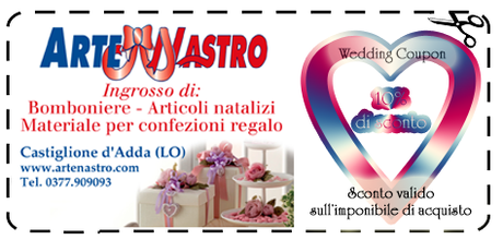 Sconto del 10% su bomboniere, articoli natalizi, materiale per confezioni regalo presso l'ingrosso Arte Nastro.