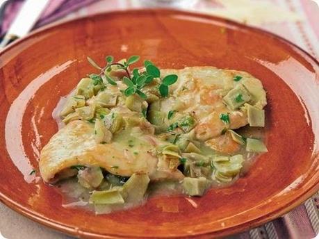 Scaloppine di pollo ripiene di formaggio con carciofi